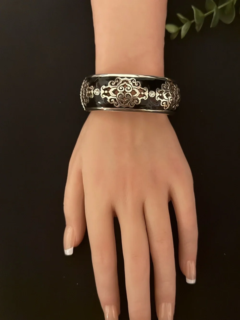 Brighton‎ Black Enamel Silver-Tone Filigree Bangle Bracelet